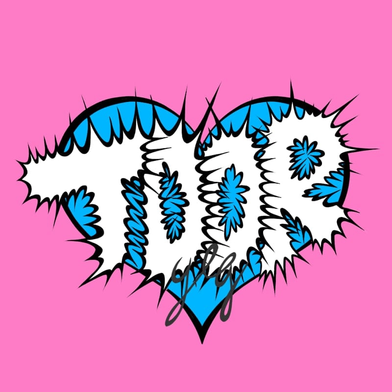 A white, spiky graffiti-style word is layered over a blue heart against a solid pink background.