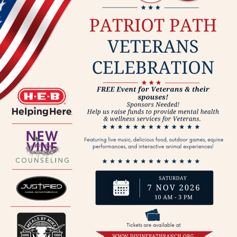 An event flyer for the Patriot Path Veterans Celebration features event details and sponsor logos in the foreground against a background with a partial American flag.