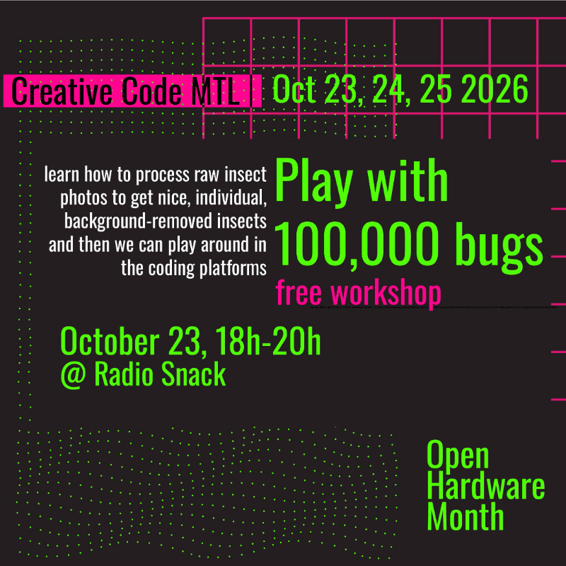 Bright green and pink text advertising a "Play with 100,000 bugs" workshop is set against a dark black background with a subtle green dotted pattern.