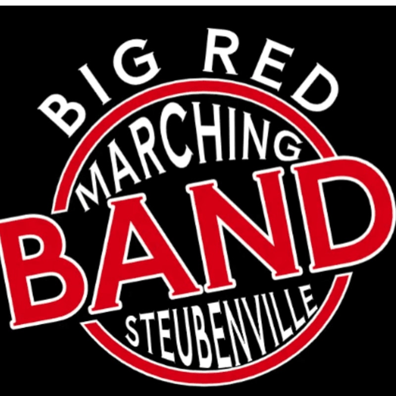 A red and white circular logo for the "Big Red Marching Band Steubenville" is centered against a solid black background.