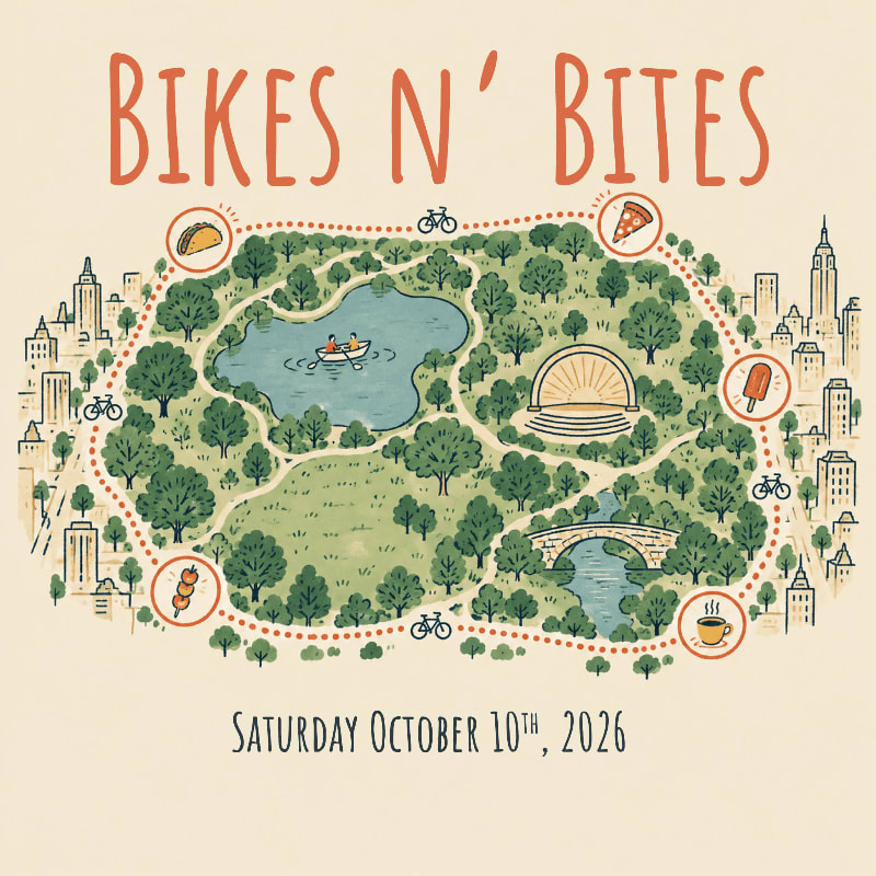 An illustrated map of a park with a lake and bridge is surrounded by city skyscrapers and food icons, topped with the text "BIKES N' BITES" and dated October 10th, 2026.