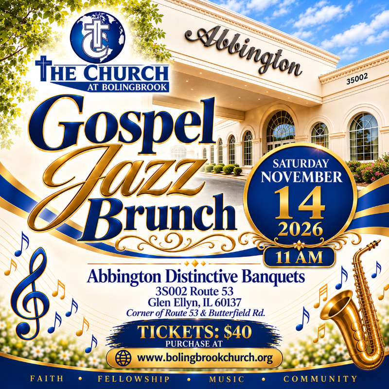 A promotional flyer for a Gospel Jazz Brunch features bold blue and gold text and a saxophone in the foreground, set against a background of a large white building under a blue sky.