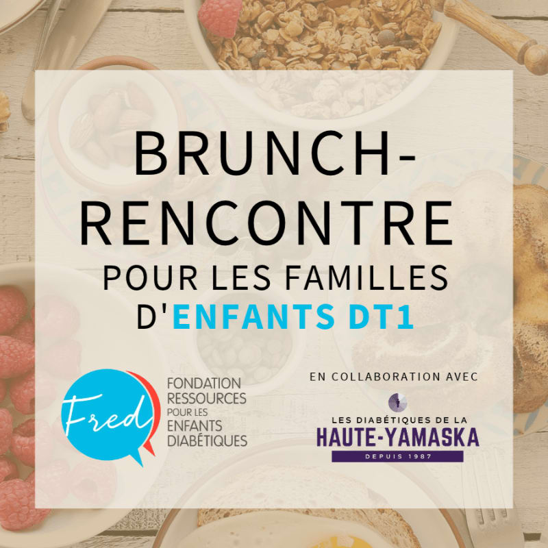 A white text box with event details for a brunch meeting for families of children with Type 1 diabetes is overlaid on a background of various breakfast foods.