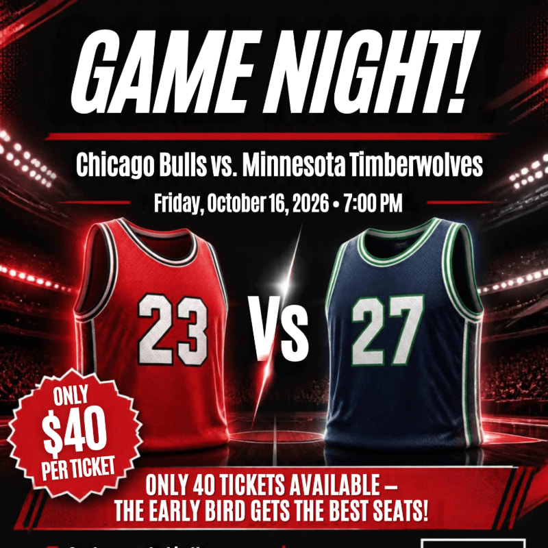 Two basketball jerseys, one red and one blue, face each other in the foreground against a dark stadium background with "GAME NIGHT!" text above.
