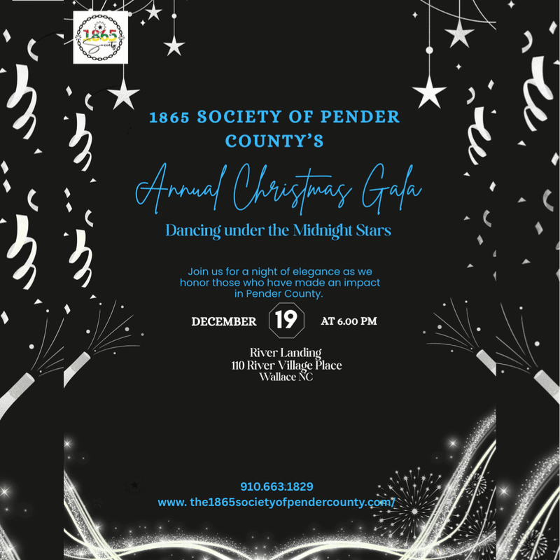 Blue and white text announcing a Christmas Gala is centered over a black background decorated with silver confetti, stars, and sparkling light trails.
