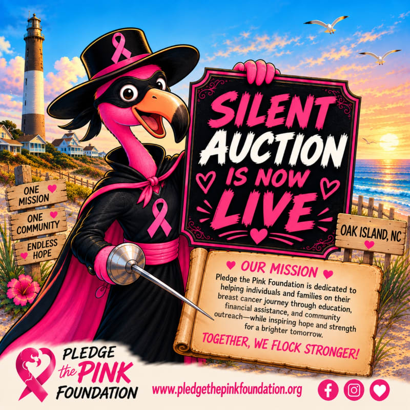 A pink flamingo dressed as a pirate holds a "Silent Auction Is Now Live" sign in the foreground, set against a coastal background featuring a lighthouse, beach houses, and a sunset.