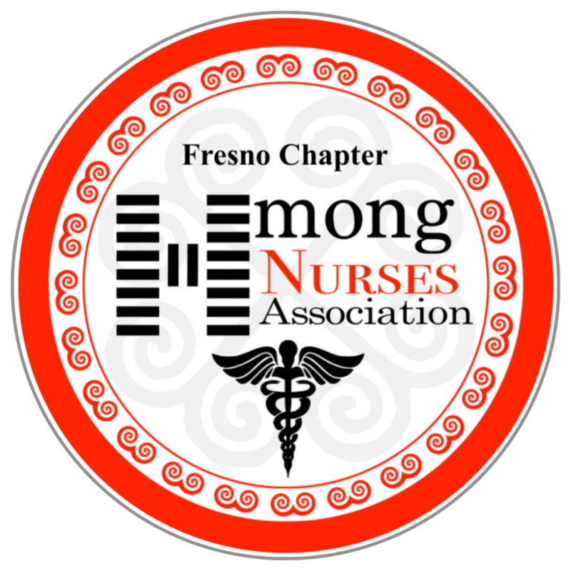 A circular logo featuring the text "Fresno Chapter Hmong Nurses Association" and a caduceus symbol in the foreground, set against a white background with a red decorative border.