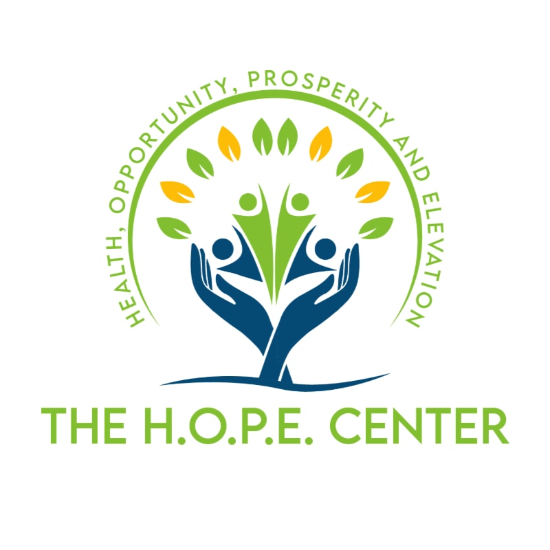 A colorful logo featuring stylized figures held by two blue hands beneath a canopy of leaves and a circular motto, all set against a plain white background.