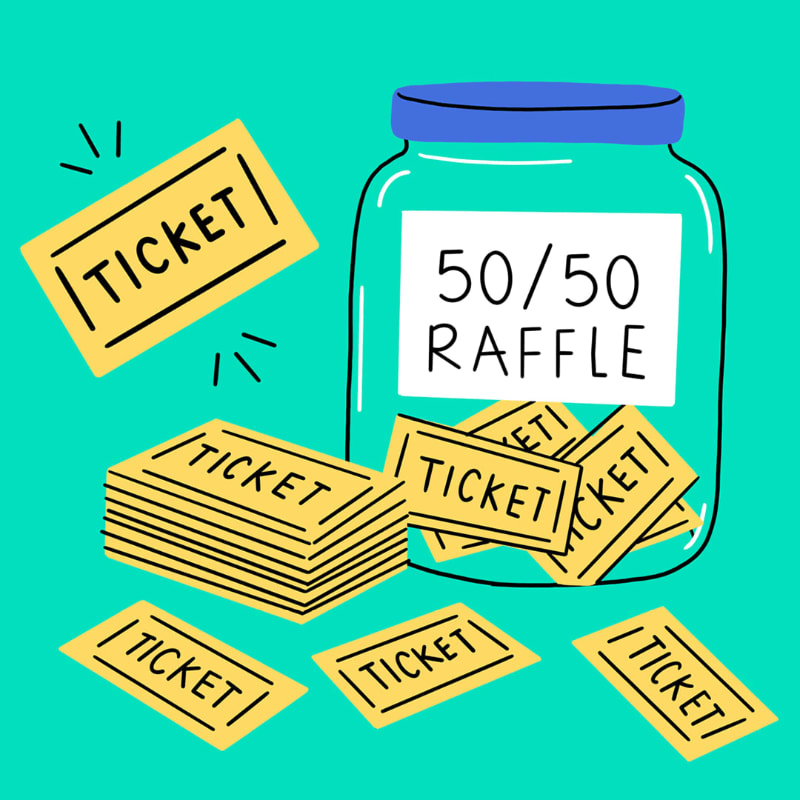 Yellow raffle tickets are scattered in the foreground and inside a glass jar labeled "50/50 RAFFLE" against a solid teal background.