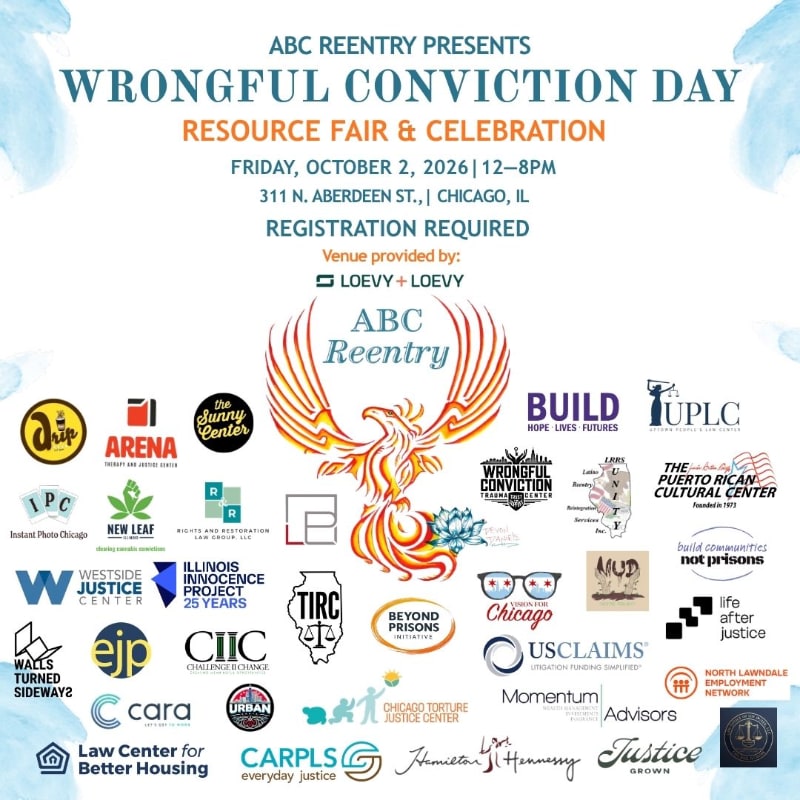 A promotional flyer for Wrongful Conviction Day features event details and a central phoenix illustration in the foreground, set against a white background with light blue watercolor accents.