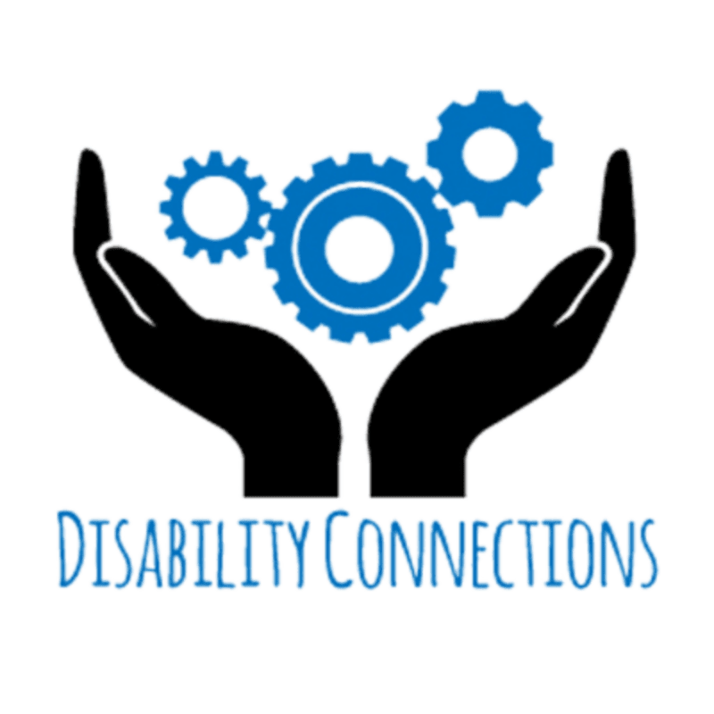 Two black hands cradle three blue gears against a plain white background, with the text "DISABILITY CONNECTIONS" written below.