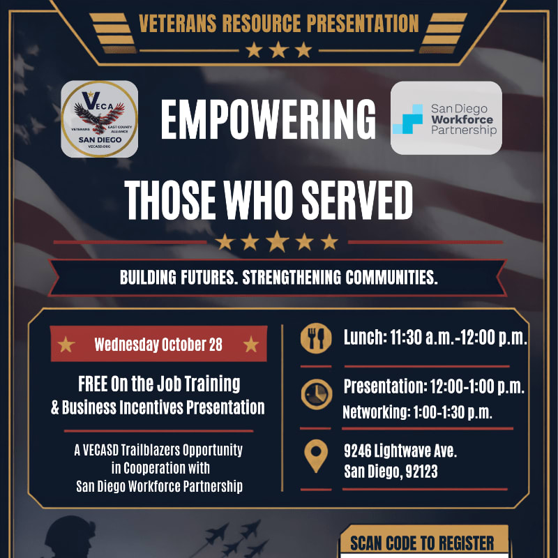 White and yellow text detailing a veterans resource presentation sits in the foreground against a background featuring a faded American flag.