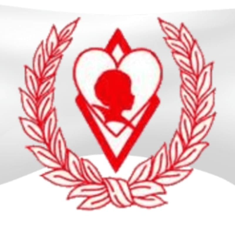 A red silhouette of a head inside a heart and diamond shape is centered within a red laurel wreath against a plain white background.
