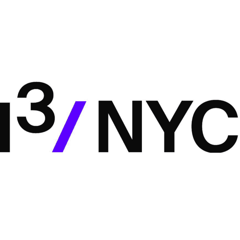 The foreground features bold black text "I³NYC" with a purple slash, set against a plain white background.