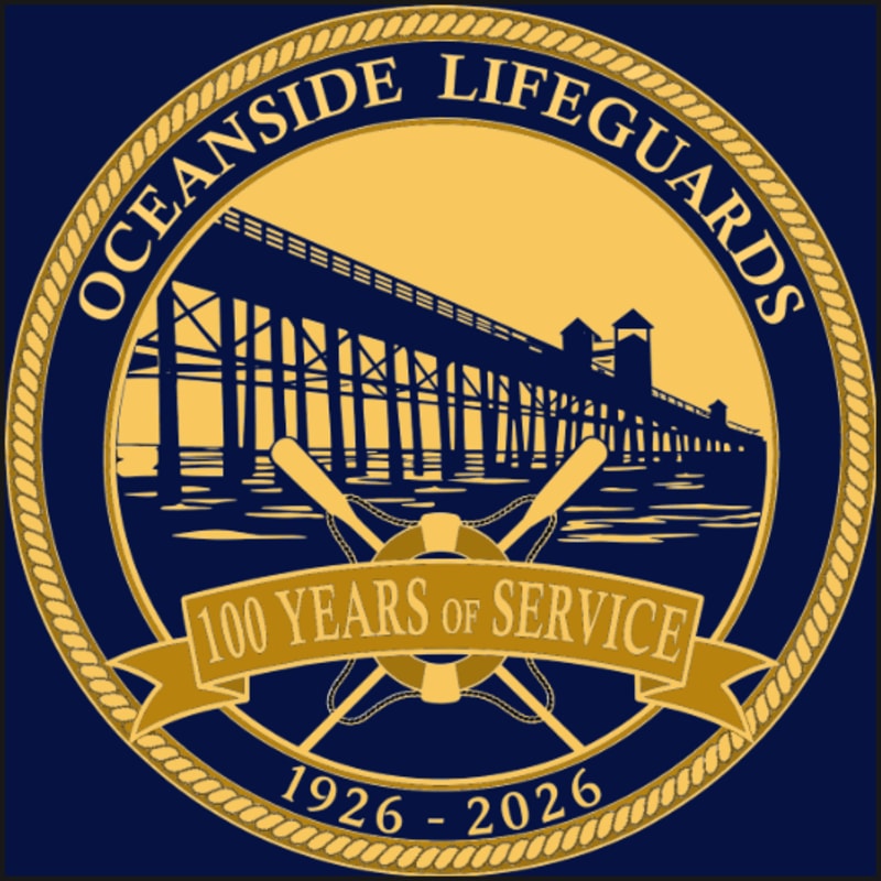A circular gold and blue emblem features a pier and ocean in the background with crossed rescue cans and a "100 Years of Service" banner in the foreground.