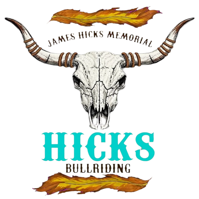 A bull skull with long horns and the text "JAMES HICKS MEMORIAL HICKS BULLRIDING" is centered between two orange feathers against a plain white background.