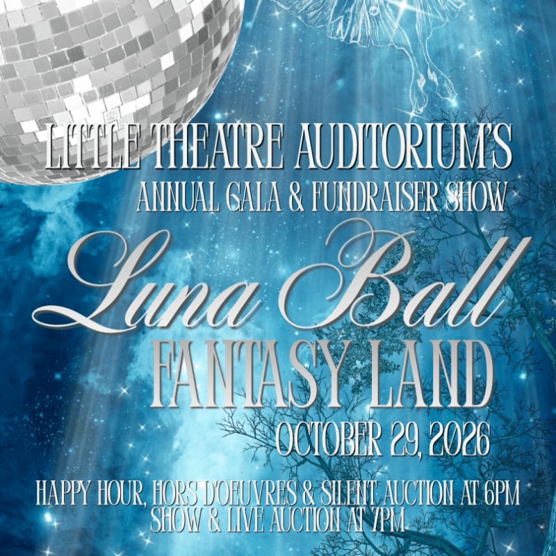 A disco ball and event text for the "Luna Ball Fantasy Land" gala are set against a shimmering blue background with ethereal light beams and silhouetted trees.