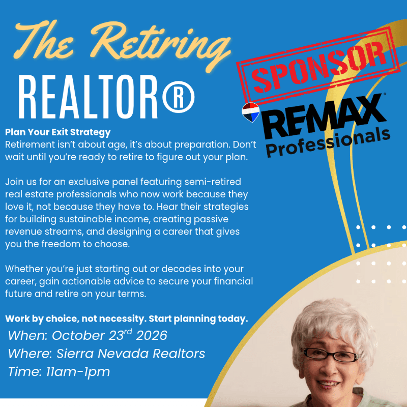 A smiling elderly woman with white hair and glasses appears in the bottom right foreground against a blue background featuring event text and a RE/MAX Professionals sponsor logo.