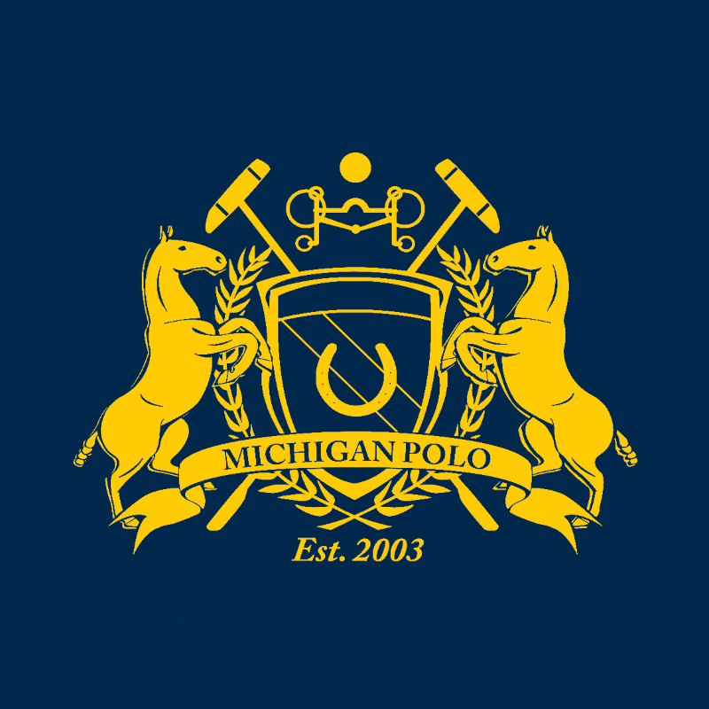 A yellow crest featuring two rearing horses, a horseshoe, and the text "MICHIGAN POLO Est. 2003" is centered against a solid dark blue background.