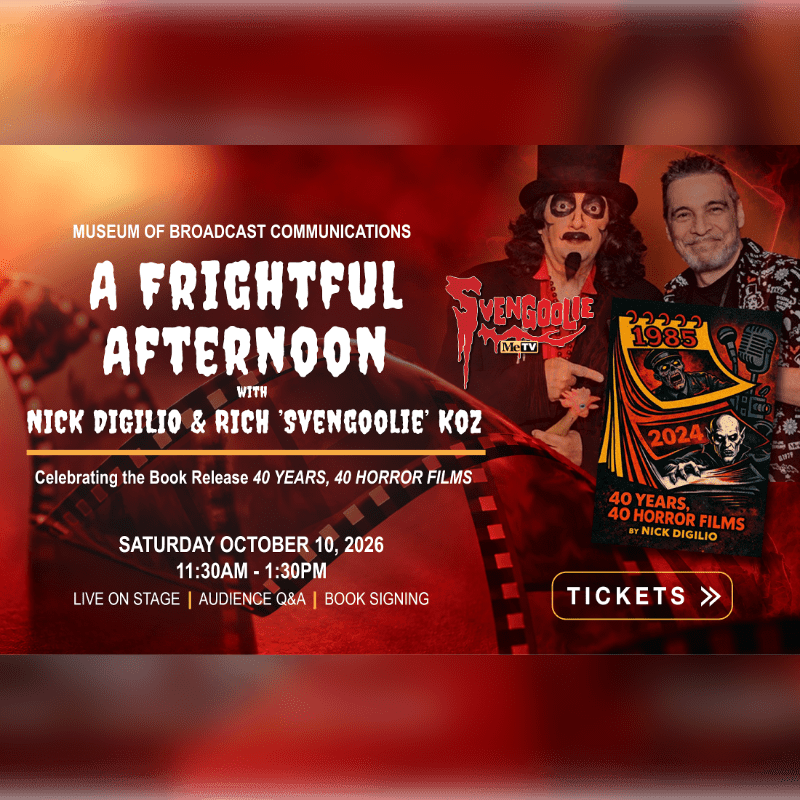 An event flyer for "A Frightful Afternoon" featuring Nick Digilio and Rich 'Svengoolie' Koz is set against a red background with film strips and a book cover.
