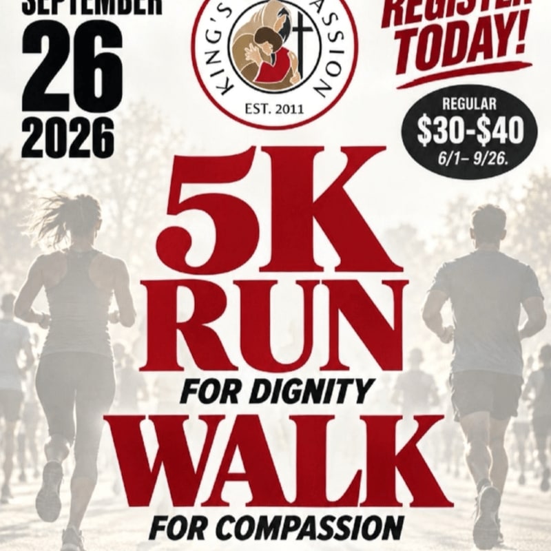 Bold red and black text advertising a 5K run and walk event is layered over a grayscale background of people running.