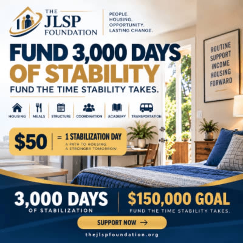 A promotional flyer for The JLSP Foundation features bold text and donation goals in the foreground, set against a background of a bright, modern bedroom.