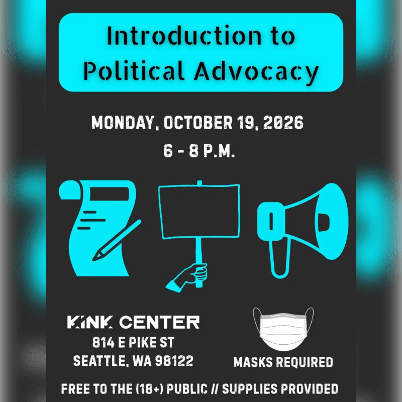 A promotional flyer for an "Introduction to Political Advocacy" event features cyan text and graphics on a black background.