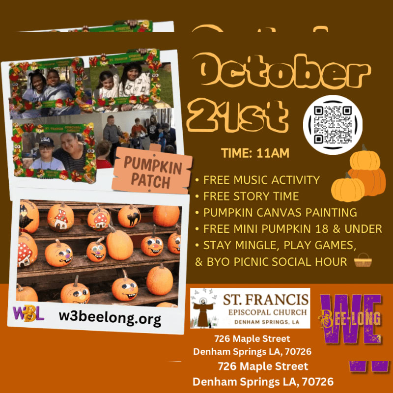 An event flyer for a pumpkin patch on October 21st features photos of children and painted pumpkins in the foreground against a brown background with event details and church information.