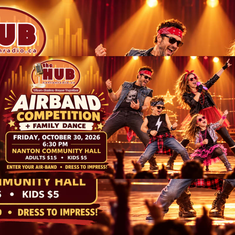 A promotional flyer for an airband competition features a family dressed in rock star attire performing on a lit stage in the foreground, with a red curtain background.