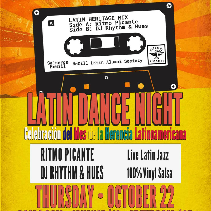 A black cassette tape sits in the foreground above bold red and yellow text advertising "Latin Dance Night," set against a vibrant orange sunburst background.