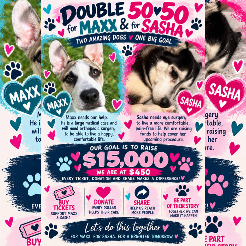 A colorful fundraising flyer features photos of two dogs, Maxx and Sasha, in the foreground with a bright, graphic background detailing their medical needs and a $15,000 goal.
