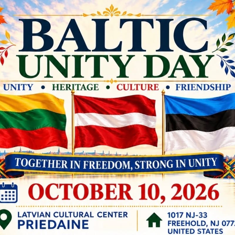 The flags of Lithuania, Latvia, and Estonia are displayed in the foreground against a bright blue sky and a city skyline in the background.