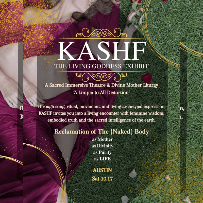 A woman in a purple gown is positioned in the foreground against a background of green grass, overlaid with promotional text for "KASHF: The Living Goddess Exhibit."