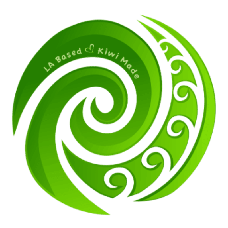 A green spiral logo with "LA Based Kiwi Made" written in the foreground, set against a white background.