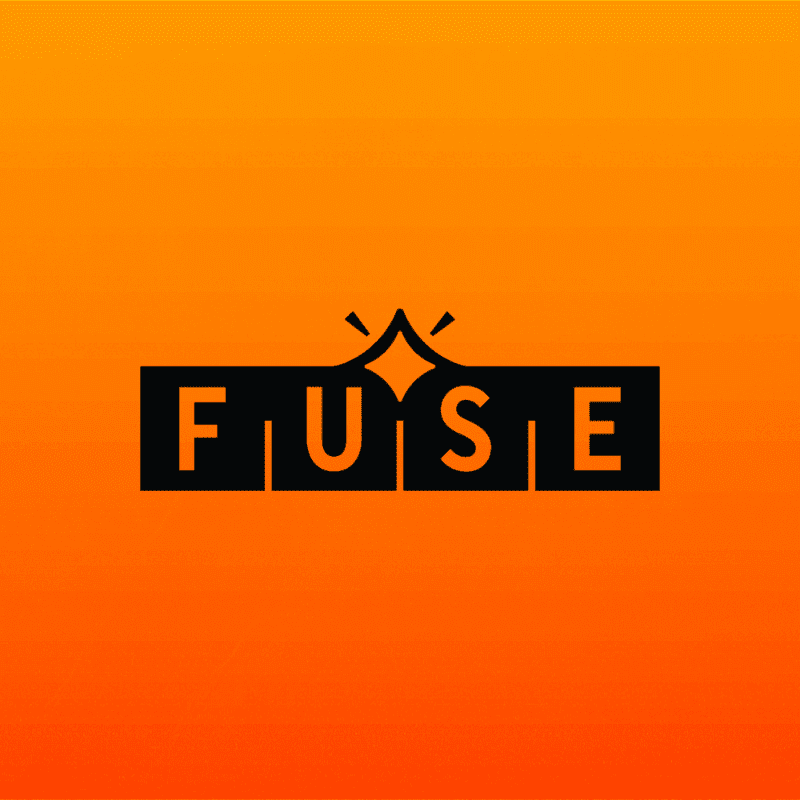 A black "FUSE" logo with a stylized spark icon sits centered against a vibrant orange gradient background.