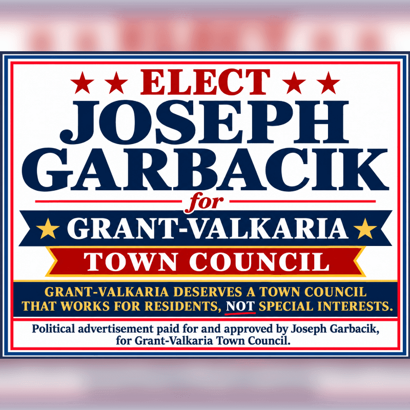 A political campaign advertisement for Joseph Garbacik for Grant-Valkaria Town Council is centered against a blurred red and white background.