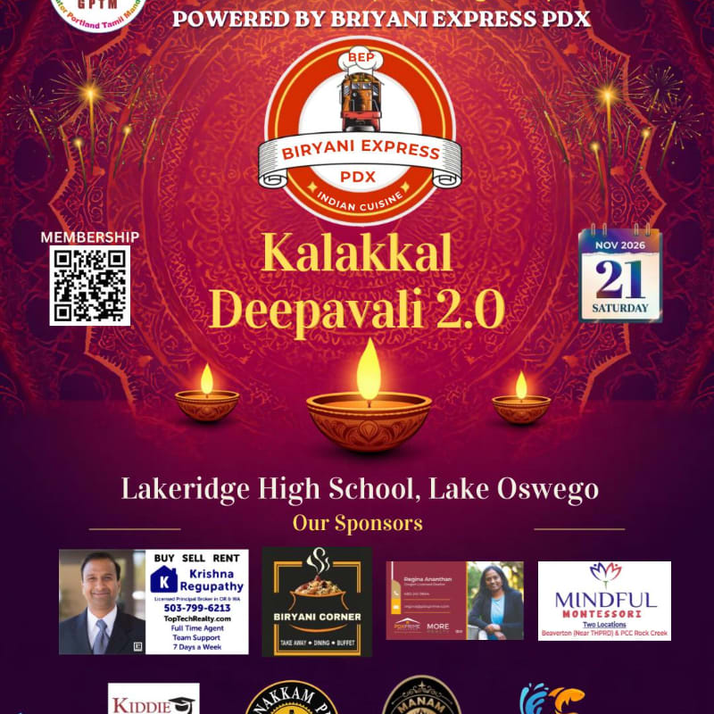 A promotional flyer for "Kalakkal Deepavali 2.0" features three glowing diyas in the foreground against a red ornate background with fireworks and event details.