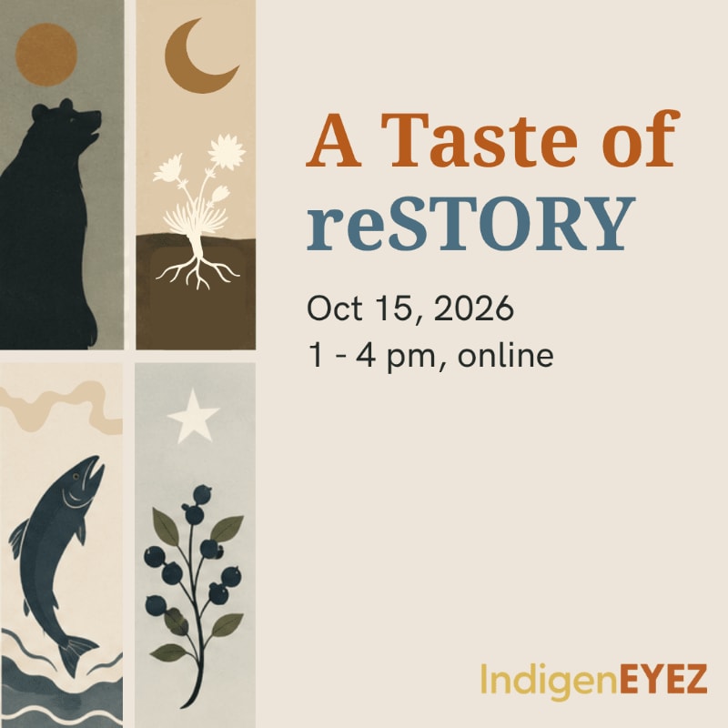 Stylized nature illustrations of a bear, moon, fish, and plants occupy the left side, while event text and the "IndigenEYEZ" logo sit against a neutral beige background on the right.