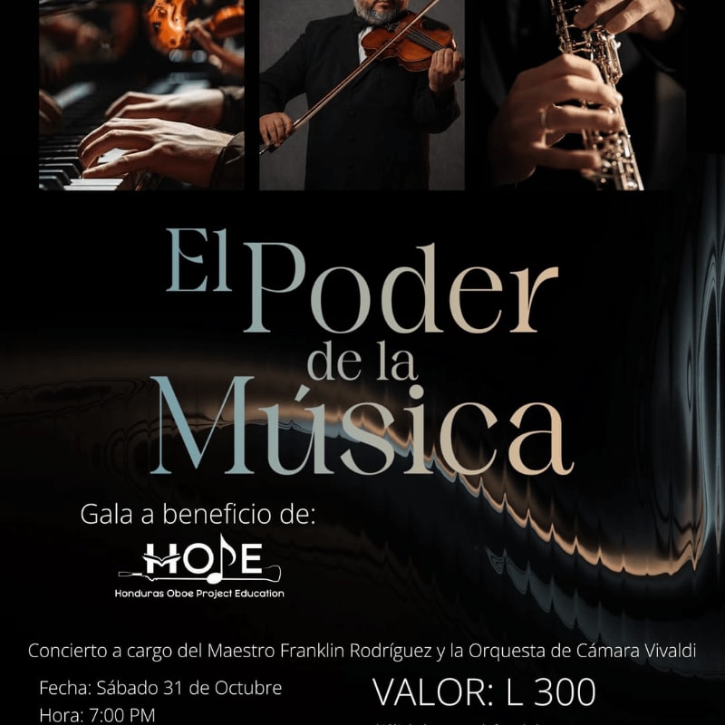 A promotional poster for a musical gala features close-up photos of musicians playing instruments at the top and event details over a dark, textured background below.