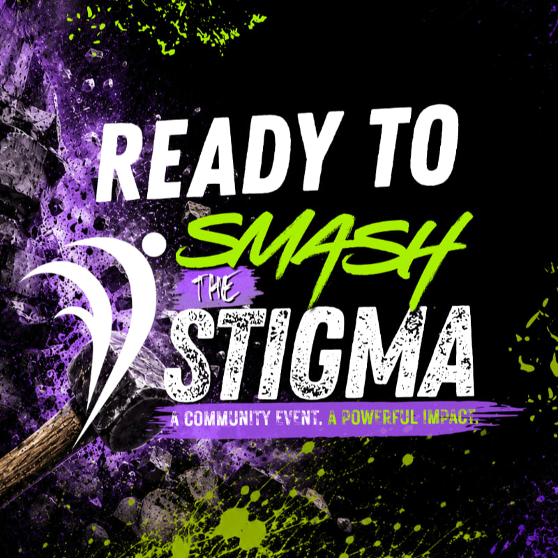 Bold white and green text reading "READY TO SMASH THE STIGMA" sits in the foreground over a dark, splattered background featuring purple and green paint effects and a sledgehammer.