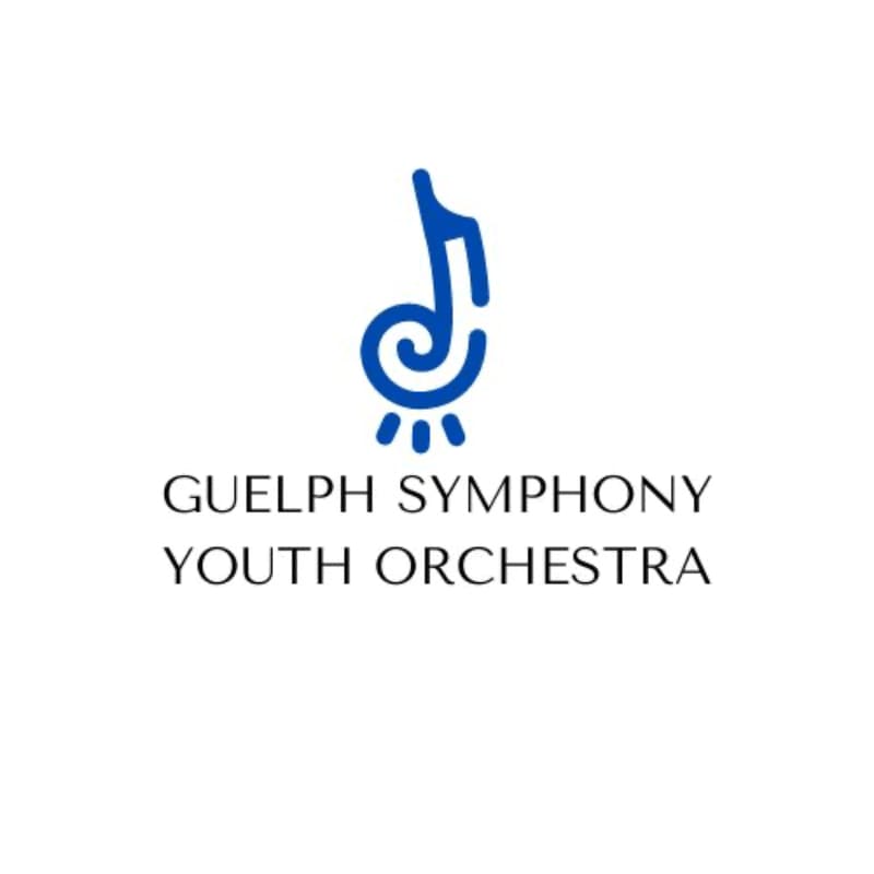 A blue musical note logo and the text "GUELPH SYMPHONY YOUTH ORCHESTRA" are centered on a plain white background.