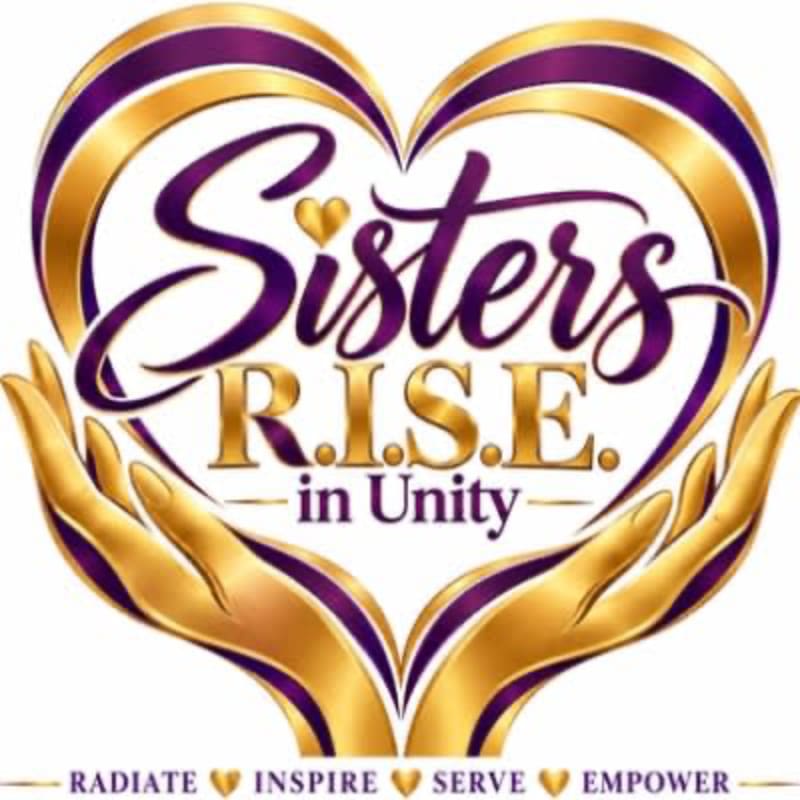 Purple and gold text reading "Sisters R.I.S.E. in Unity" is centered within a heart shape formed by golden hands against a plain white background.