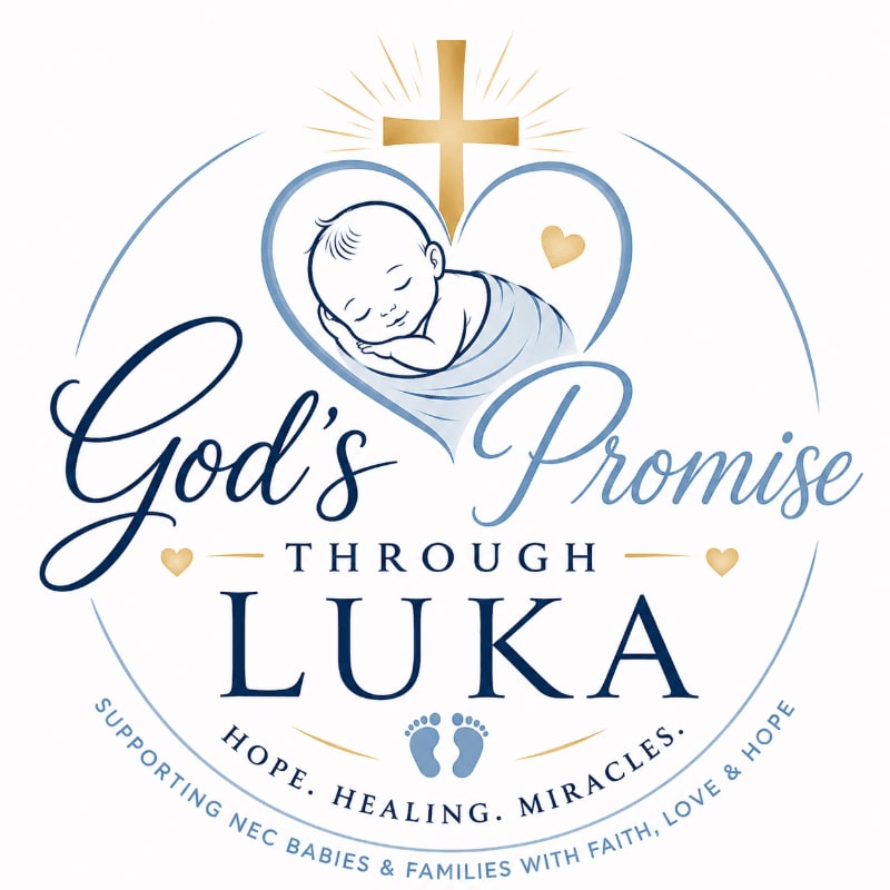 A blue and gold logo featuring a sleeping baby inside a heart beneath a cross, with the text "God's Promise THROUGH LUKA" set against a plain white background.