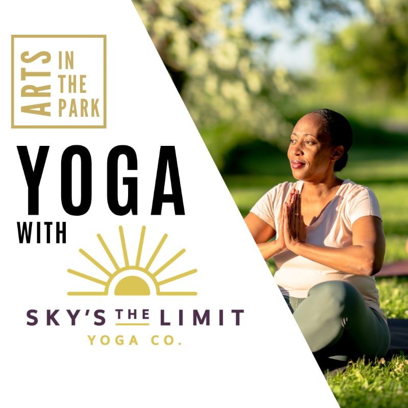 A woman practices yoga in a prayer pose in the foreground, set against a blurred green park background, with promotional text and a sun logo on a white overlay to the left.