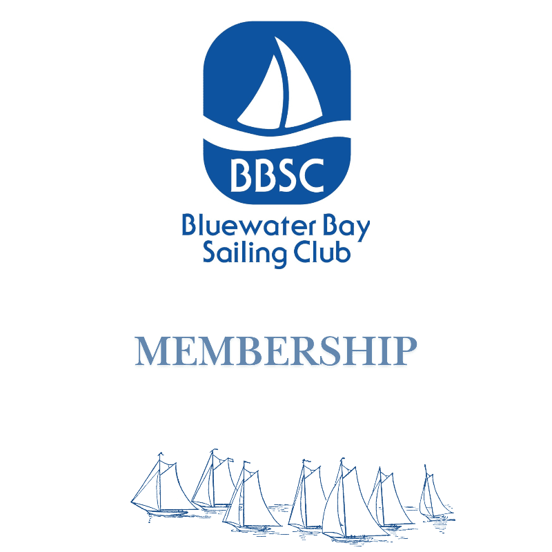 A blue logo for the Bluewater Bay Sailing Club and the word "MEMBERSHIP" are centered against a white background with a sketch of several sailboats at the bottom.