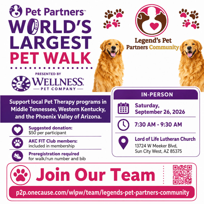 A promotional flyer for the World's Largest Pet Walk features golden retrievers and event details in the foreground against a white background.