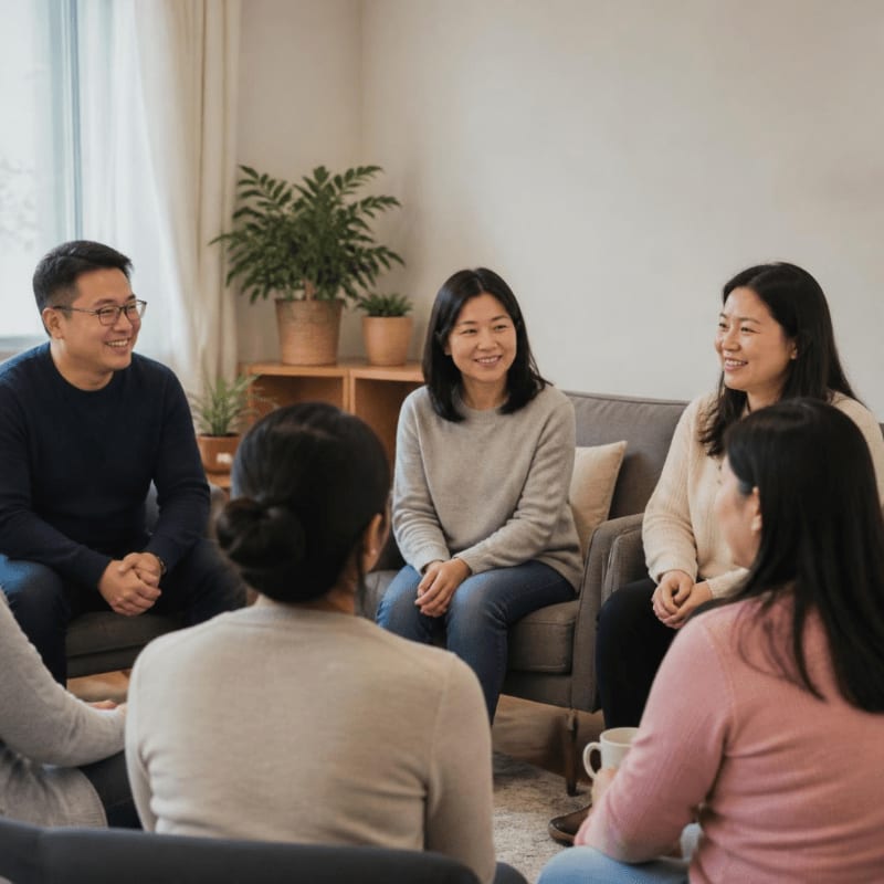 A group of people sit in a circle and talk in a living room with potted plants in the background.