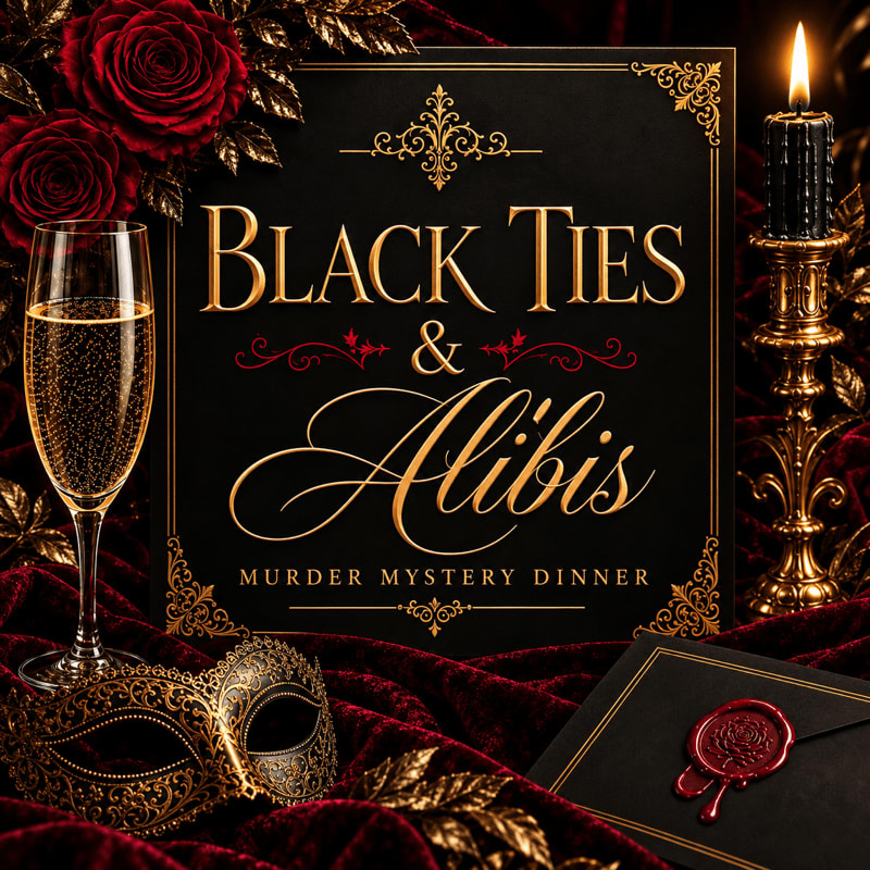 A "Black Ties & Alibis" murder mystery dinner invitation is surrounded by a champagne flute, a masquerade mask, and a wax-sealed envelope in the foreground, with red roses and a lit candle in the background.