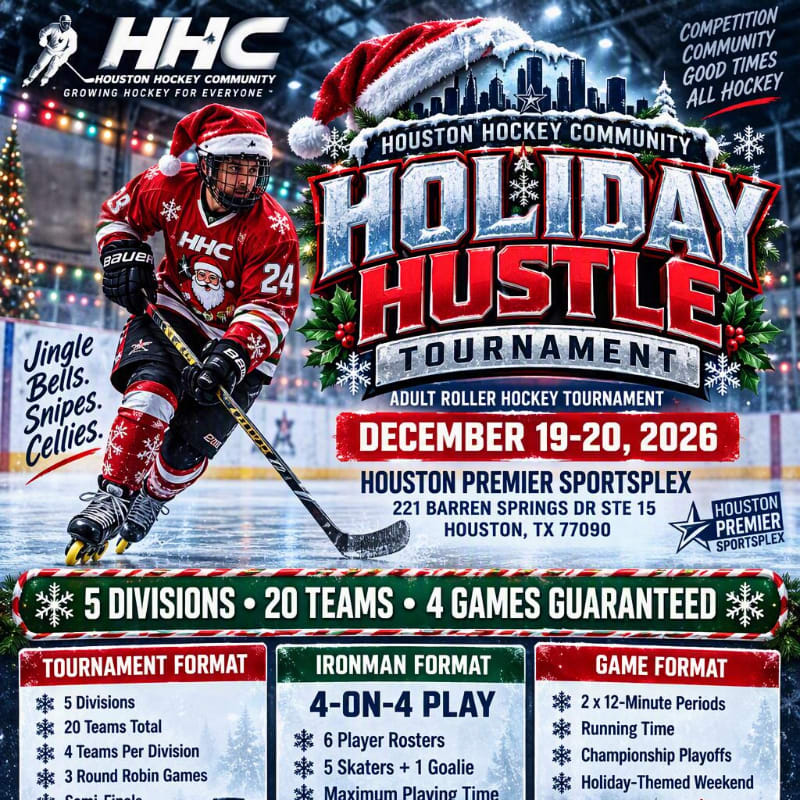 A tournament schedule for a charity roller hockey event on September 19-20, 2026, is displayed with Saturday and Sunday games listed in tables against a blue background.