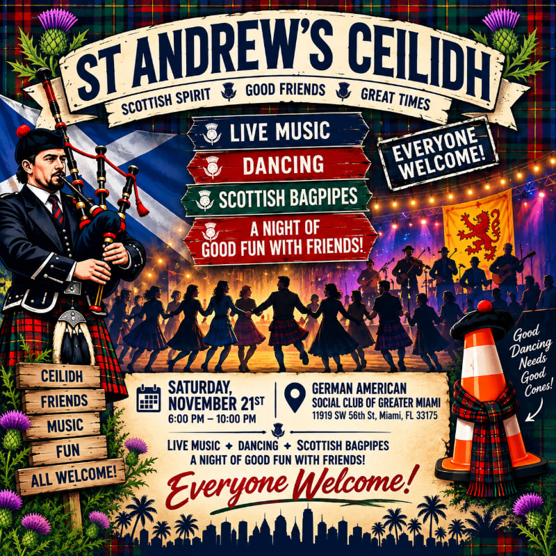 A bagpiper and a traffic cone wearing a kilt frame a scene of people dancing to live music against a backdrop of a Scottish flag and a city skyline.